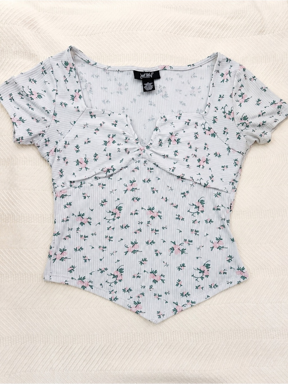 Floral Ribbed Top - White with Pink Floral